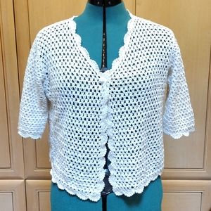 💥Vintage Norm Thompson White Crochet Knit Cropped Cardigan Shrug
